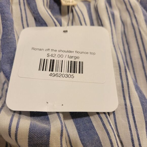Kate Landry ee:some Off the Shoulder Denim Blue and White Striped‎ Top Size L - Picture 7 of 8